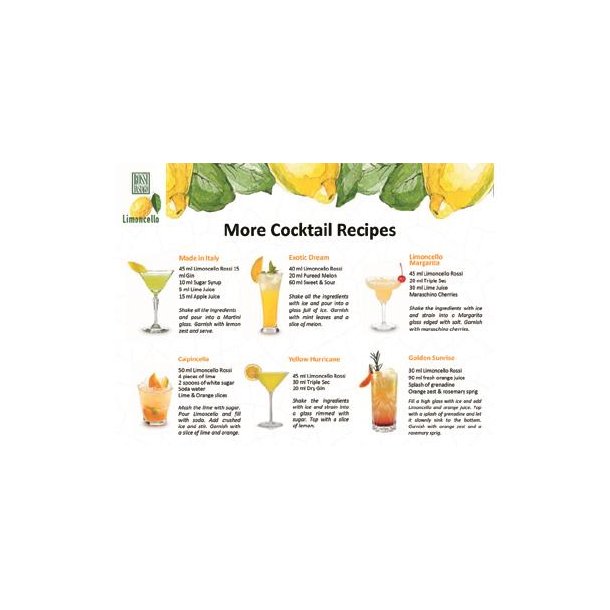 Drikke blandinger med Limoncello, Apple, Lime, Melon, Gin, Maraschino, etc.