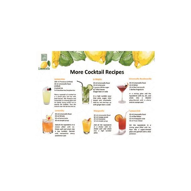 Drikke blandinger med Limoncello, Prosecco, Syrop, Ginger, Mint, Red Vermouth, Angostura, Chili.